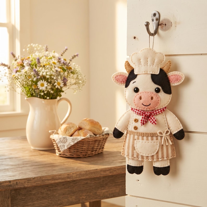 Baker Cow felt sewing pattern pieces arranged together, including cow head, black face patches, ears, horns, chef hat, jacket, arms, legs, apron, pocket, and neckerchief.