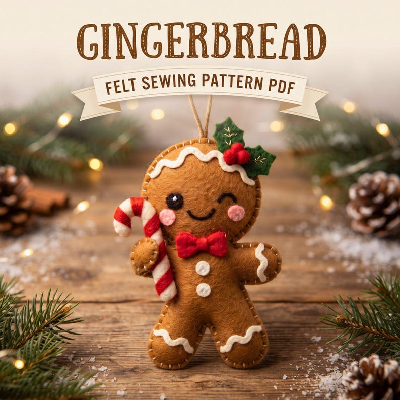 Gingerbread Felt Ornament Pattern PDF, Christmas Sewing Pattern, Gingerbread Ornament DIY, Hand Sewing
