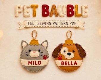 Patrón de adorno navideño para mascotas, costura en fieltro de gato y perro PDF con nombre personalizado