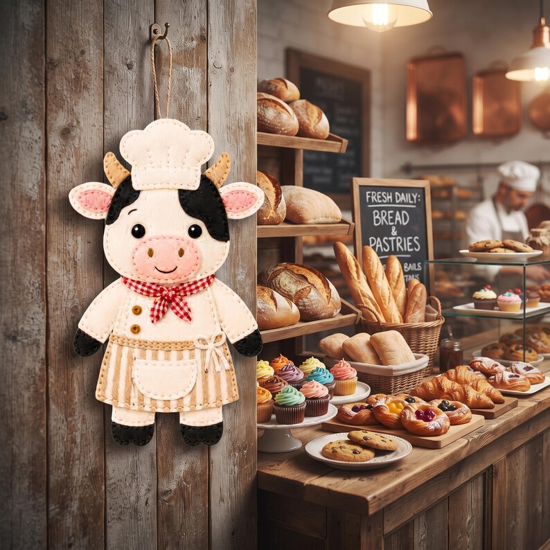 Close-up of a felt Baker Cow showing embroidered eyebrows and smile, pink muzzle, black face patches, tan horns, puffy cream chef hat, and red gingham neckerchief.