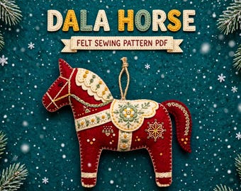 Patrón de Caballo Dala en PDF, Costura de Adorno Escandinavo de Fieltro, Decoración Navideña Sueca, Bordado DIY