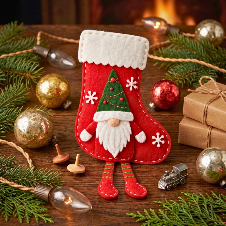 Close-up of a felt Christmas gnome stocking with green pointed hat, white beard, beige nose, Christmas tree and snowflake appliques