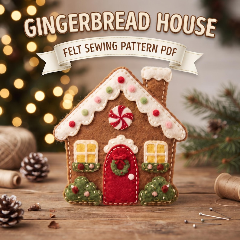 Gingerbread House Felt Ornament Pattern PDF, Christmas House Sewing Pattern, Felt Christmas Ornament, DIY Hand Sewing