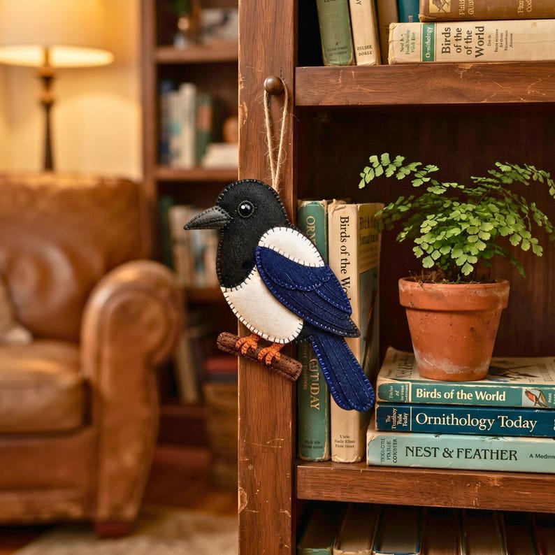 Felt magpie ornament in a gift box with tissue paper and a pine sprig