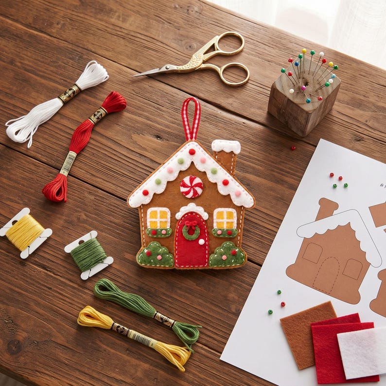 Felt gingerbread house ornament displayed on rustic table with hot cocoa and pine sprigs for holiday decor