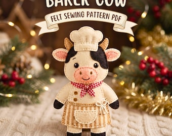 Cow Sewing Pattern PDF, Baker Felt Ornament, Farm Animal Plush Decor, DIY Hand Stitched