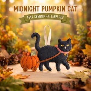 May include: A black felt cat ornament with yellow eyes and a pink collar, pulling an orange felt pumpkin on wheels. The cat has a white hanging loop. Text at the top reads MIDNIGHT PUMPKIN CAT and FELT SEWING PATTERN PDF in brown and white.
