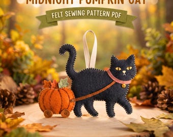 Patrón PDF para adorno de calabaza de fieltro con forma de gato, plantilla de costura de otoño para Halloween de medianoche, guía de manualidades para decoración navideña de gatitos espeluznantes.