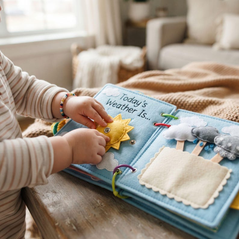 Toddler hands snapping felt sun icon onto Today's Weather busy book page for learning
