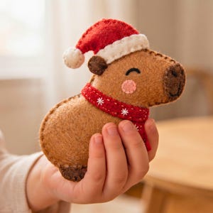 Child holding a handmade felt Christmas capybara ornament against a warm, neutral background.