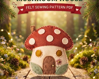 May include: A felt mushroom house sewing pattern PDF featuring a red cap with white spots, a cream-colored base, two yellow circular windows, a brown arched door, and green leaf accents. The text MUSHROOM HOUSE FELT SEWING PATTERN PDF is visible.