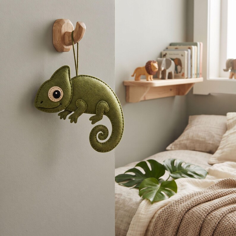 Green felt chameleon hanging ornament handmade with embroidery