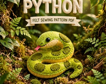 Patrón de costura de serpiente de fieltro en PDF, adorno de pitón, patrón de reptil de fieltro, costura a mano, decoración para guardería