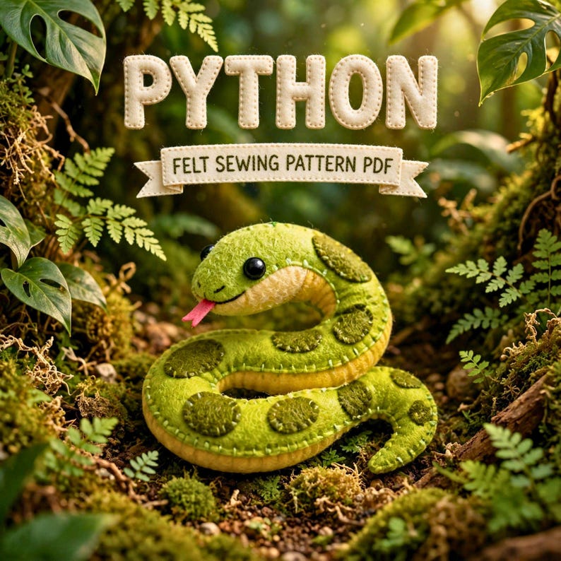 Felt Snake Sewing Pattern PDF, Python Ornament, Reptile Felt Pattern, Hand Sewing, Nursery Decor