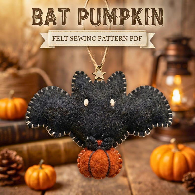 Felt Bat Pumpkin Ornament Pattern, Halloween Sewing PDF, Digital Download