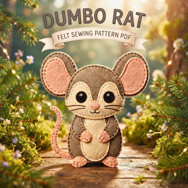 Rat Felt Sewing Pattern PDF, Dumbo Rat Ornament DIY, Cute Animal Felt Craft, Hand Sewing Pattern