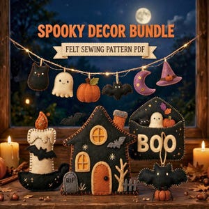 Haunted House Decor Bundle PDF, Spooky Halloween Felt Pattern Set with Garland, DIY Ornament Collection