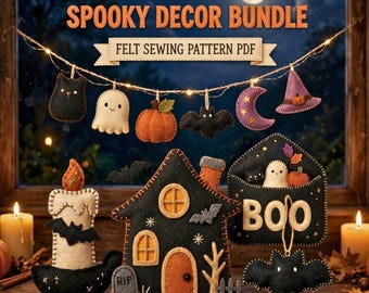 Spooktachoes Huis Decor Bundel PDF, Griezelig Halloween Vilt Patroon Set met Slinger, DIY Ornament Collectie