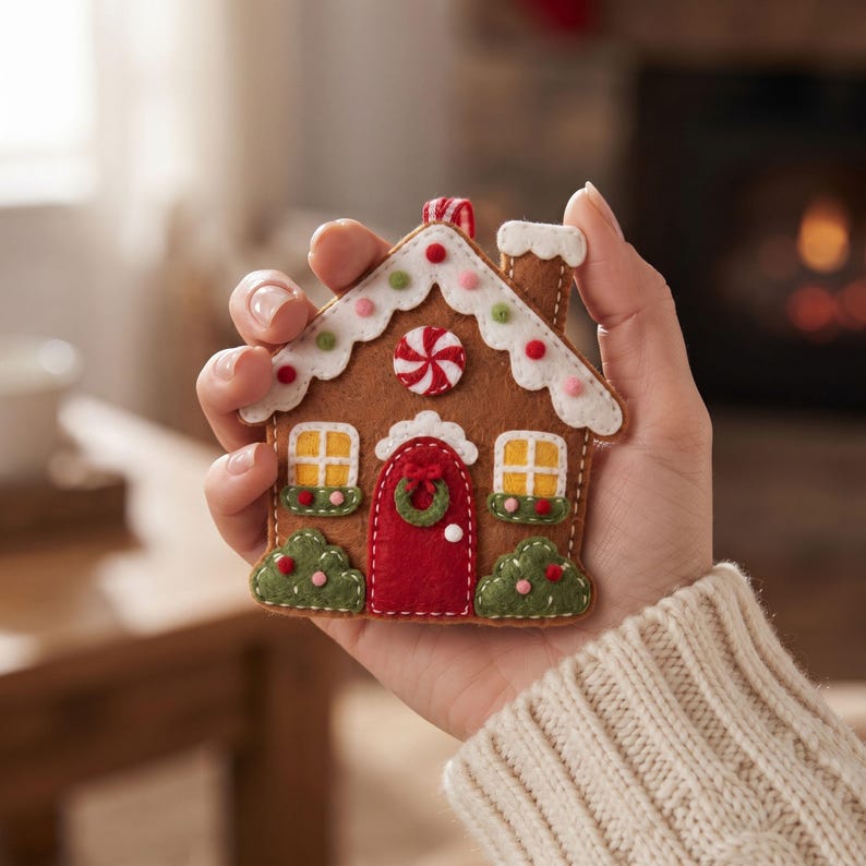 Gingerbread house felt sewing pattern pieces including house body, roof panel, chimney, door, windows, wreath, bushes, peppermint candy, window boxes and gumdrop dots.