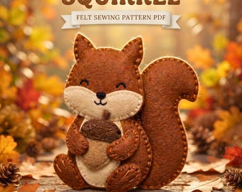 Patrón PDF de animales del bosque de fieltro, costura de adorno de ardilla y bellota, decoración de guardería de otoño