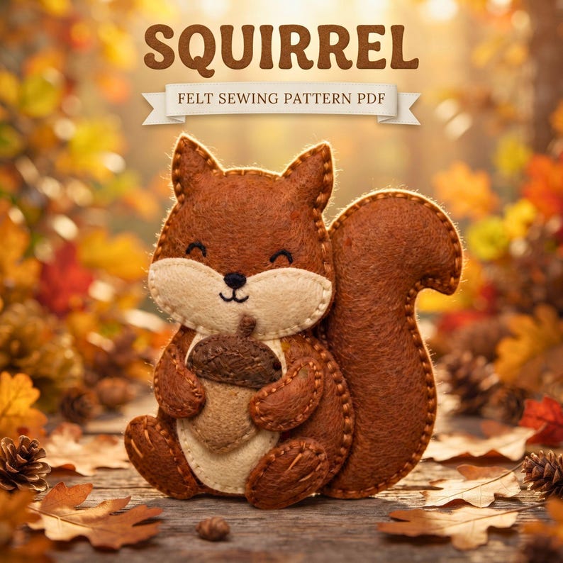 Squirrel Felt Sewing Pattern PDF,  Woodland Squirrel Ornament Pattern, DIY Fall Animal Plush Decor Tutorial