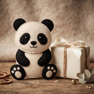 Close view of a handmade felt panda ornament showing black rounded ears, eye patches, small nose, embroidered smile, arms, and padded paws.
