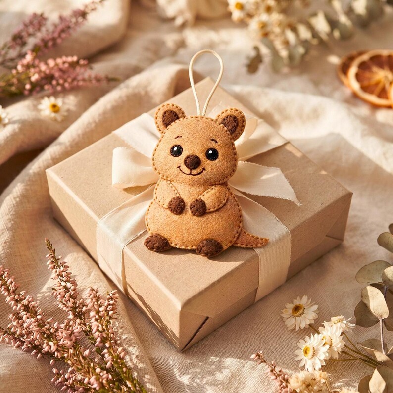 Finished felt quokka ornament approximately 4.5 inches tall and 3.5 inches wide, shown as a small handmade hanging decoration.