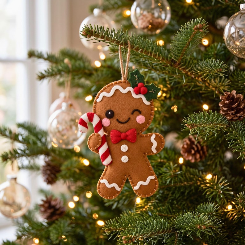 Finished brown felt gingerbread Christmas ornament with pink cheeks, decorative bow and leaves, candy cane, and hanging loop.