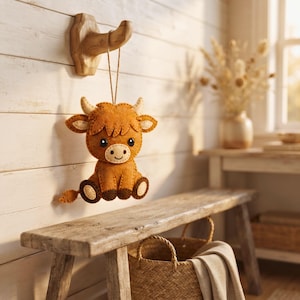 Highland Cow felt sewing pattern pieces including head, hair, horns, ears and body