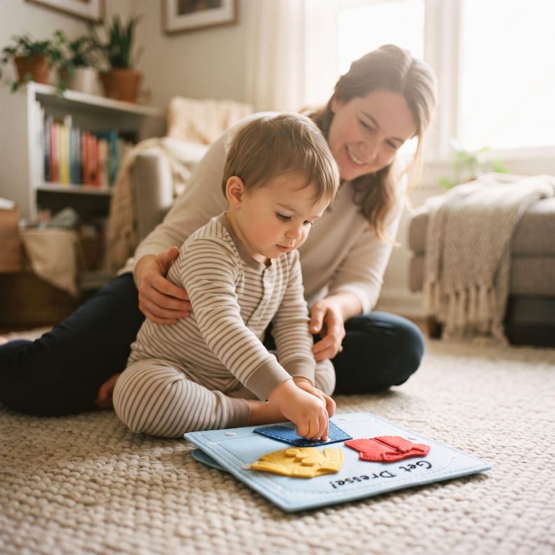 Parent and toddler practicing buttons on felt Get Dressed busy book page together
