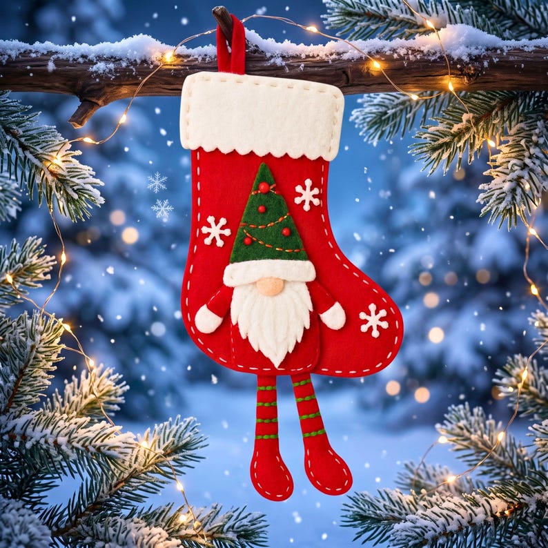 Christmas gnome stocking felt ornament pattern showing 6.5 inch finished height, 3.5 inch width and measured template pieces.