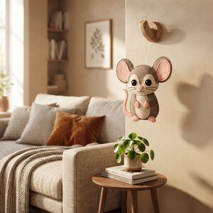 Hand-sewn Dumbo Rat ornament made from grey, cream, pink, and black felt with blanket-stitched edges and embroidered facial details.