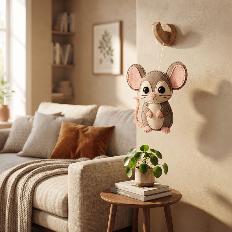 Hand-sewn Dumbo Rat ornament made from grey, cream, pink, and black felt with blanket-stitched edges and embroidered facial details.