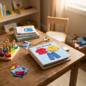 Get Dressed felt busy book page PDF sewing pattern with zipper buttons and snap