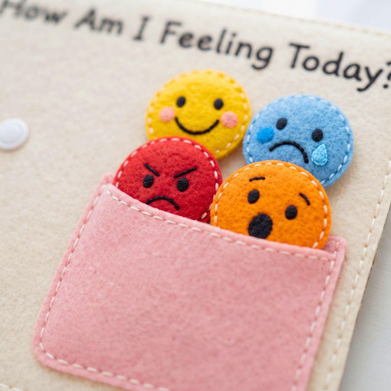 Four stuffed felt emotion faces happy sad angry surprised in busy book page pocket
