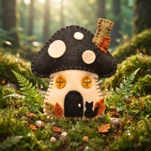 Felt mushroom house ornament with black cat on a mossy forest floor with ferns