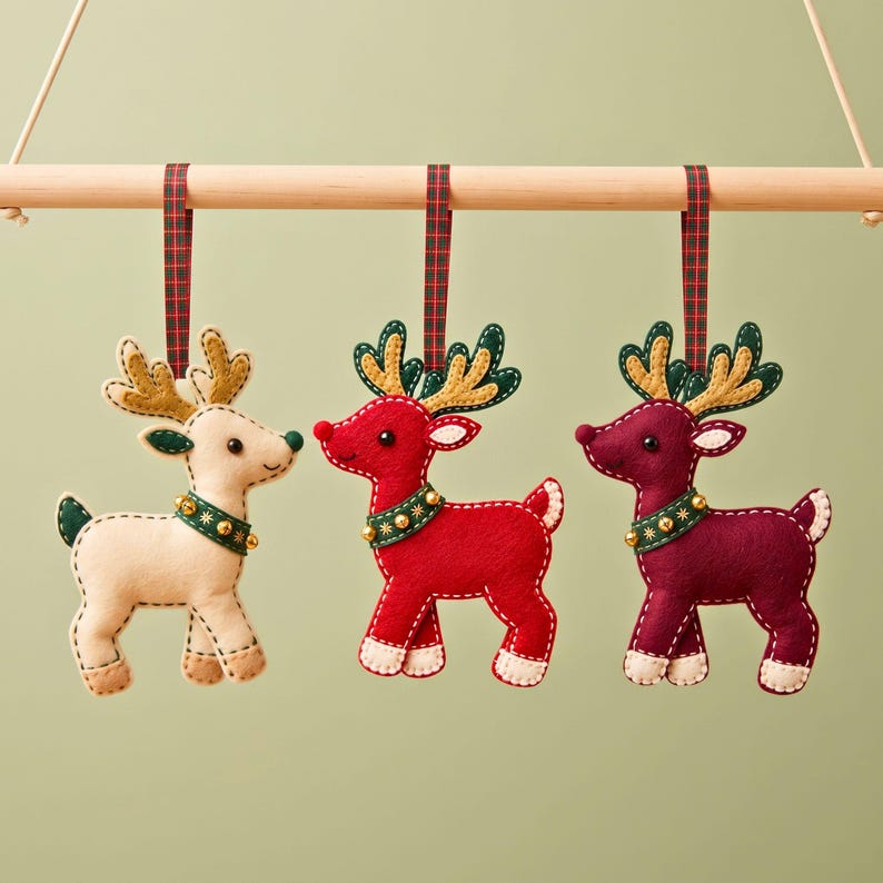 Finished red felt reindeer ornament with green and gold antlers, cream hooves, red pom-pom nose, plaid hanging loop and three gold jingle bells.