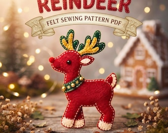 Patrón de costura de adorno de reno de fieltro, PDF de Navidad con cascabel, descarga digital