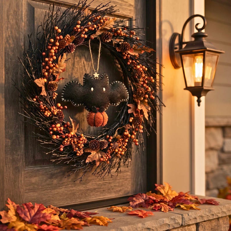 Black felt bat ornament with pumpkin hanging on a Halloween wreath on a front door