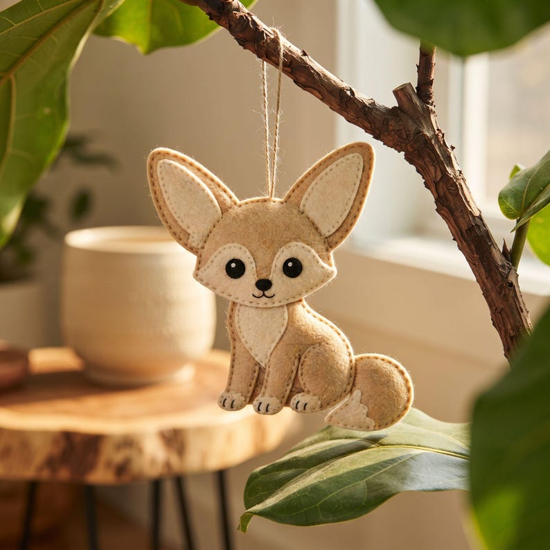 Fennec fox felt ornament with tan body, cream chest, small cream paws, and a two-tone tail made from layered felt pieces.