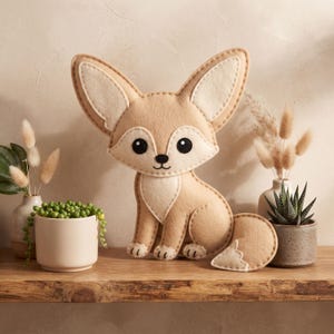 Handmade fennec fox felt ornament with oversized tan ears, cream face and chest, black nose, small paws, and a fluffy two tone tail.