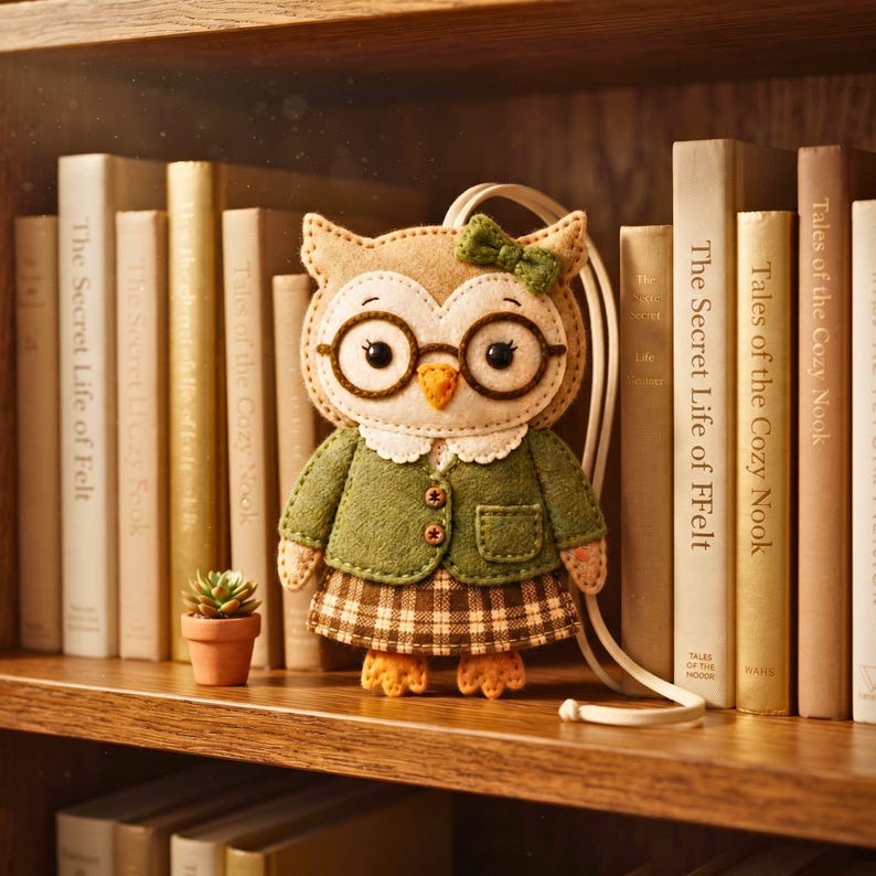 Handmade librarian owl felt ornament with round glasses, cream face, green cardigan, bow, plaid skirt, and golden feet, shown as a cute bookish character.