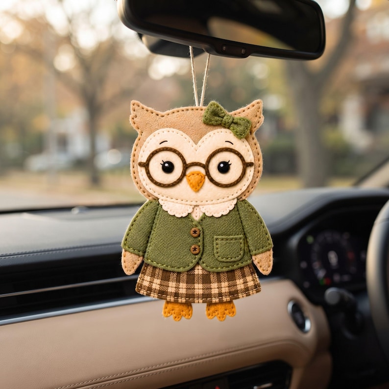 Librarian owl felt ornament hanging by its twine loop, showing the finished owl design with glasses, green cardigan, collar, bow, and plaid skirt.