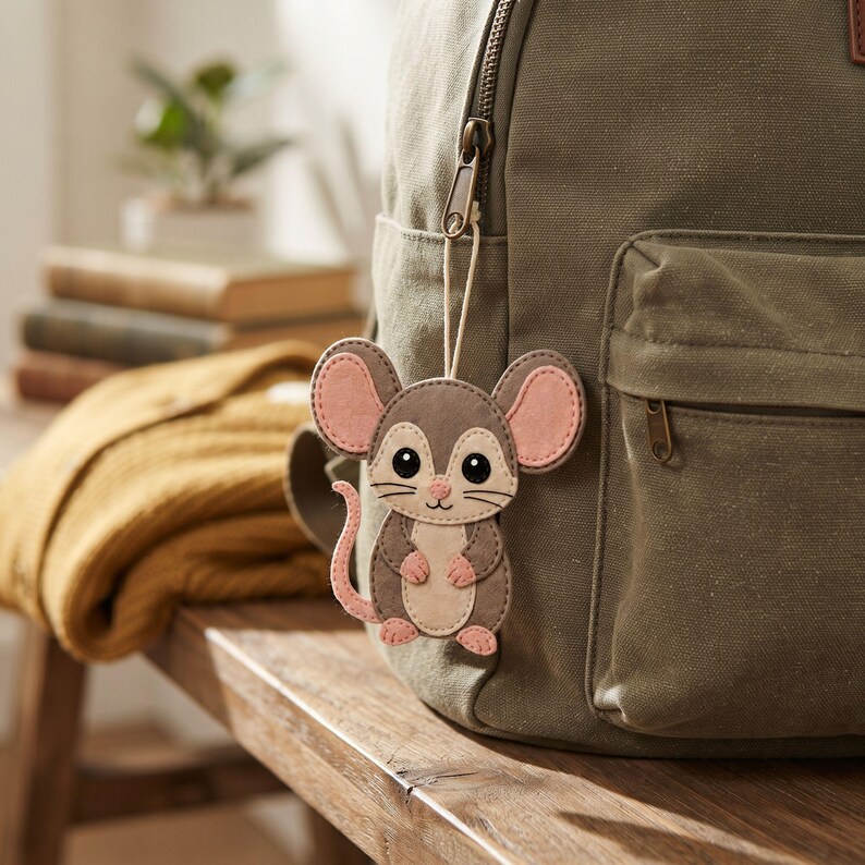 Dumbo Rat felt ornament with a hanging loop, oversized ears, embroidered whiskers and smile, cream facial details, and a pink curled tail.