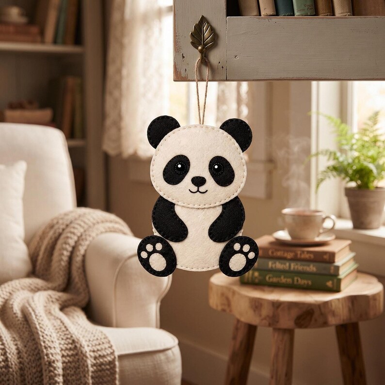 Handmade panda felt ornament hanging from a loop in a cozy home setting, showing the finished black and cream panda design.