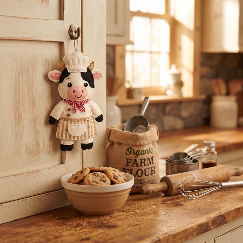 Finished Baker Cow felt ornament with chef hat, striped apron, red gingham neckerchief, black cow patches, and cream hanging loop for displaying the handmade felt decoration.