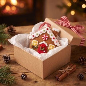 Felt gingerbread house ornament PDF sewing pattern with embroidery floss, scissors, and pattern pieces