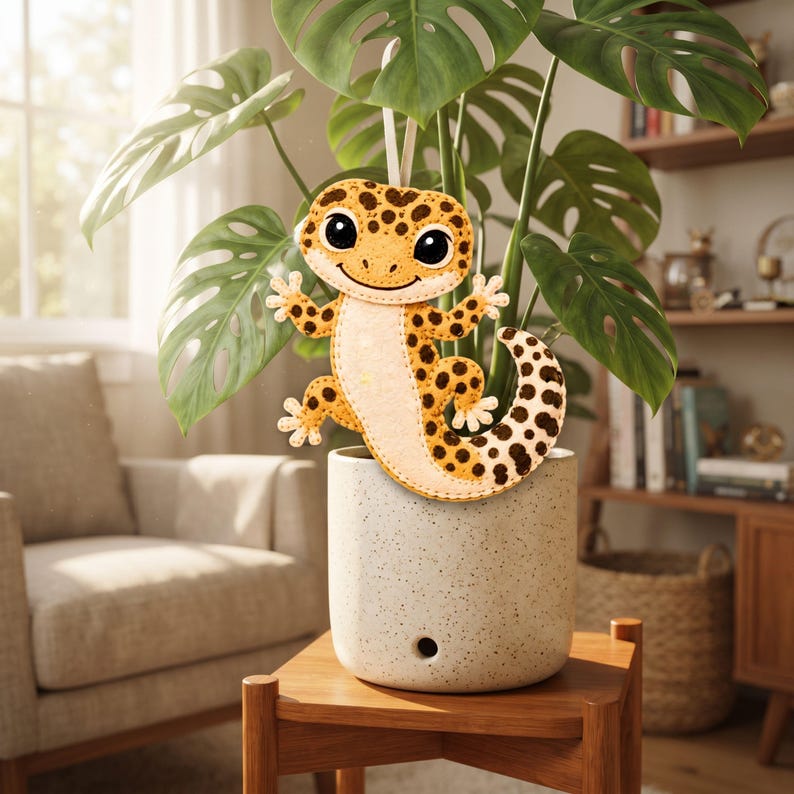 Hand-sewn leopard gecko felt ornament showing the long curled tail, spotted body, small arms and legs, cream feet, and detailed felt construction.