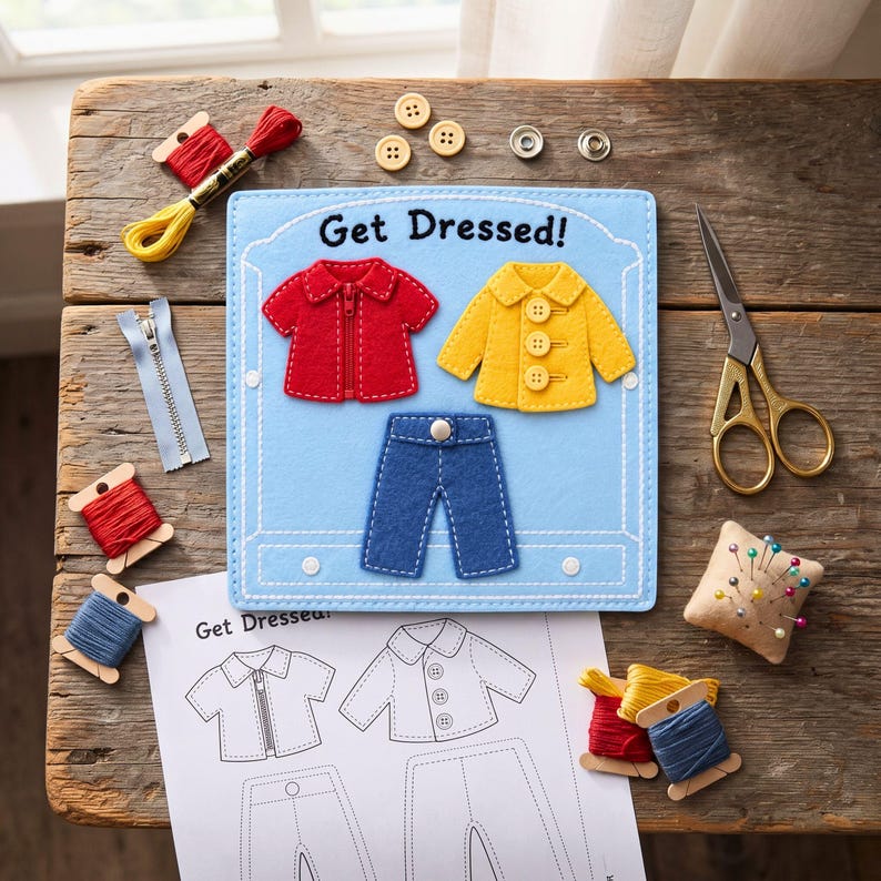 Get Dressed felt busy book page PDF sewing pattern with zipper buttons and snap