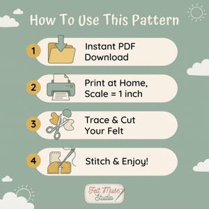 Puede incluir: Un gr&aacute;fico instructivo sobre un fondo verde salvia titulado How To Use This Pattern. Enumera cuatro pasos: 1. Instant PDF Download, 2. Print at Home, Scale = 1 inch, 3. Trace & Cut Your Felt, y 4. Stitch & Enjoy!, con el logotipo de Felt Muse Studio.